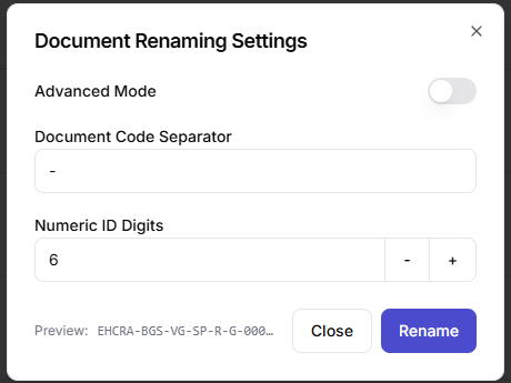 Document Renaming Settings in simple mode, with a separator and number of digits