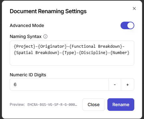 Document Renaming Settings in advanced mode, with a naming syntax made of column names in curly braces